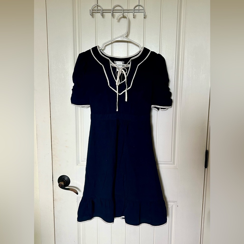 Navy Nautical Tie-Front Esley Dress with White Trim